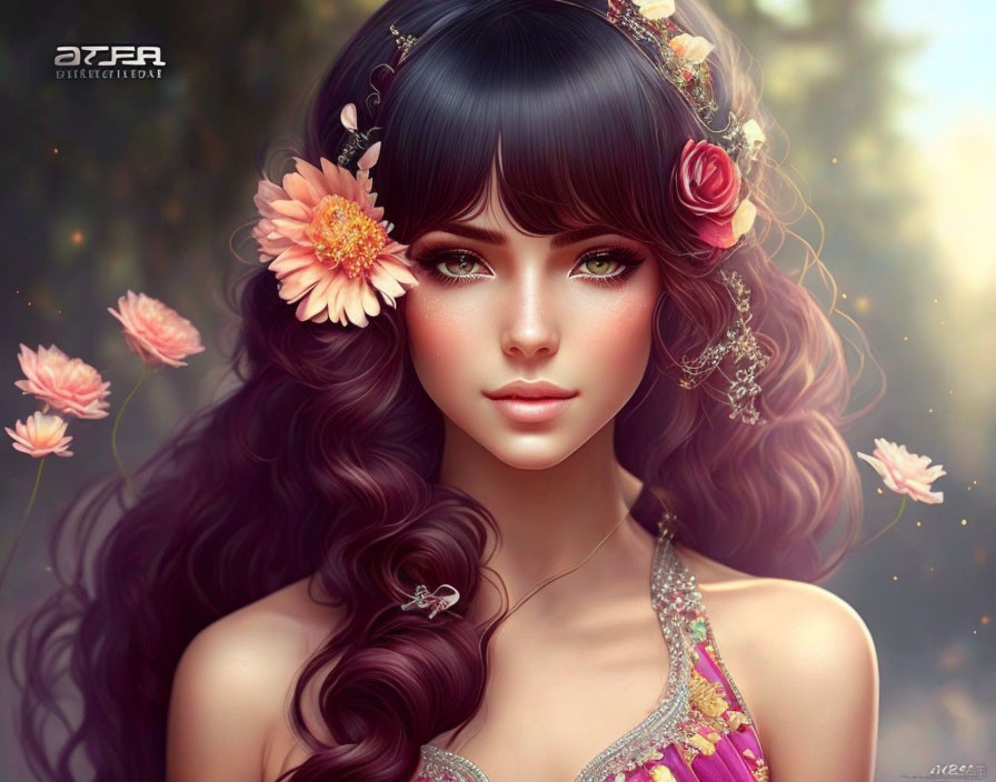 Digital artwork: Woman with curly hair, flowers, and jewelry on petal-filled background