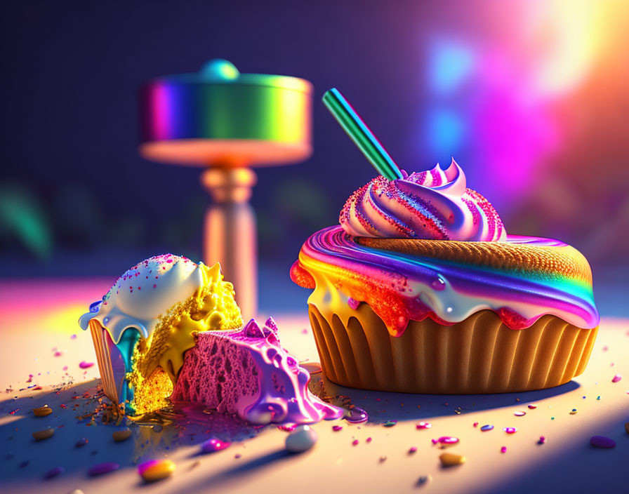 Colorful Swirled Icing Cupcake with Sprinkles and Carousel Background