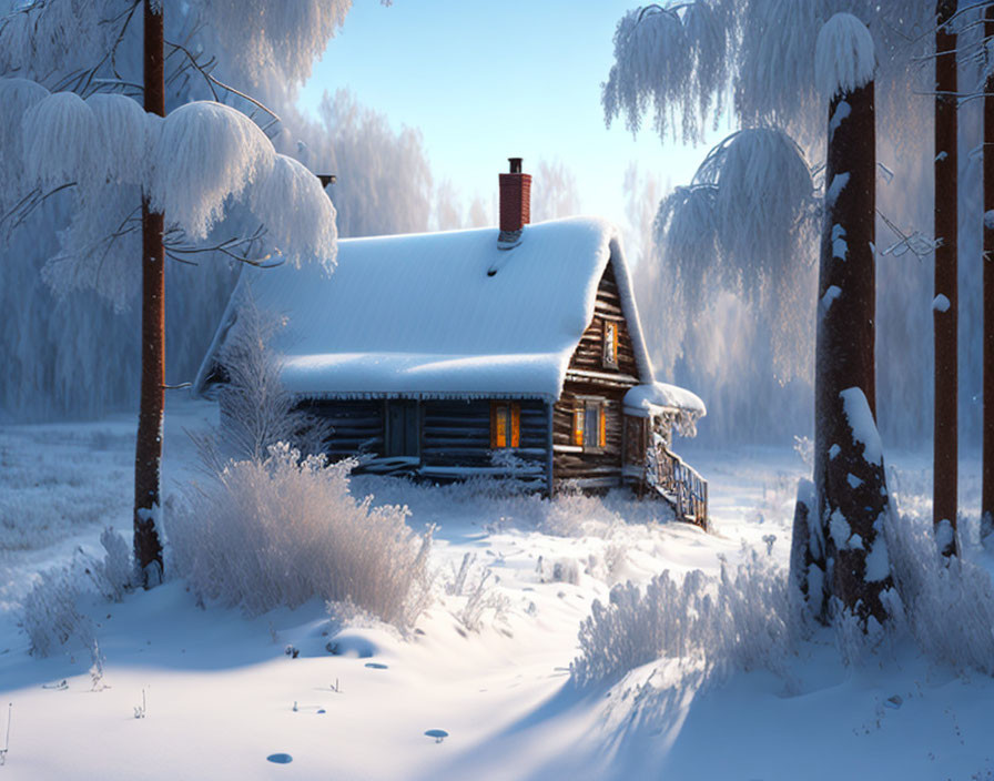 Snow-covered trees and cabin with smoking chimney in winter scene