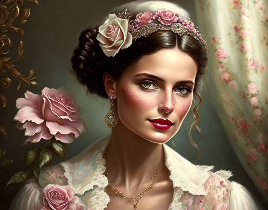 Vintage style digital painting of woman in lace dress with floral headpiece and roses