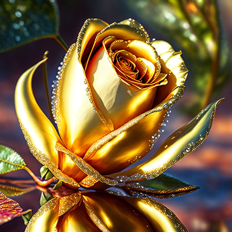 Digitally-enhanced golden rose with dewdrops on blurred luxury background