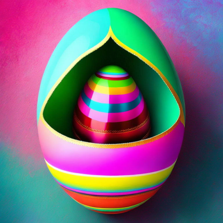 Colorful 3D Rendered Nested Egg Shapes with Glossy Finish and Rainbow Patterns