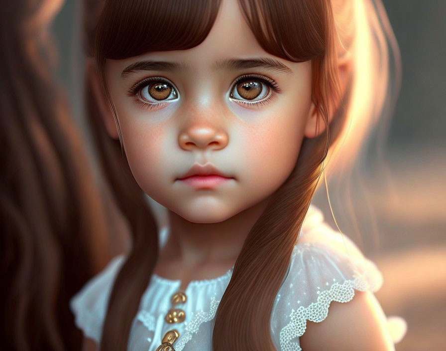 Young girl digital illustration with large brown eyes and white lace dress