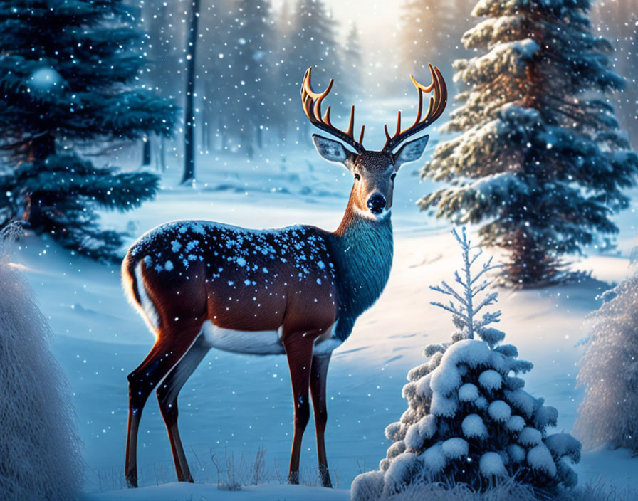 Majestic deer with full antler rack in snowy forest scene