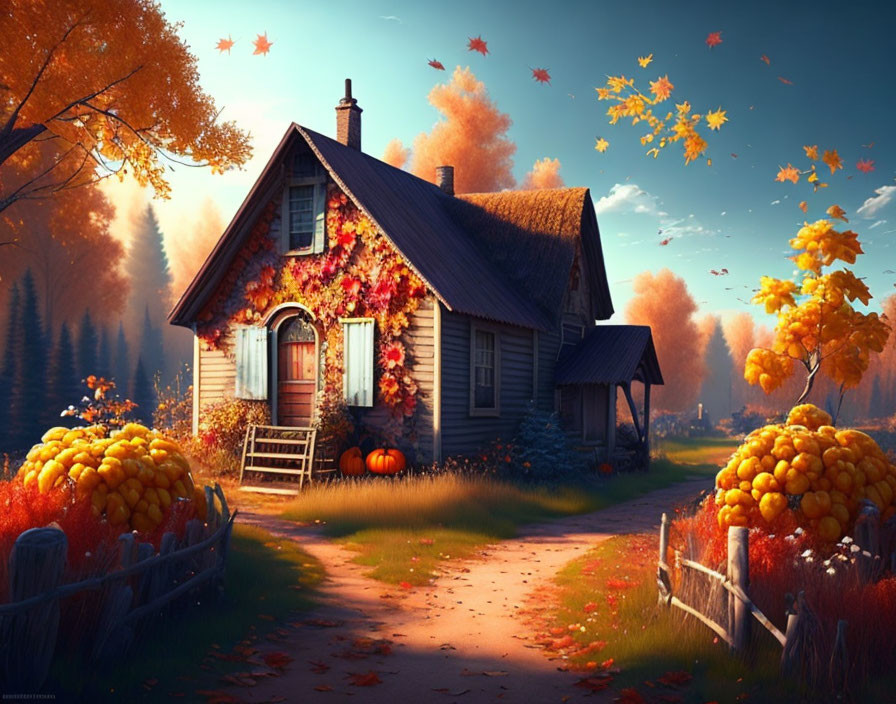 Cozy autumn cottage with pumpkins and foliage at sunset