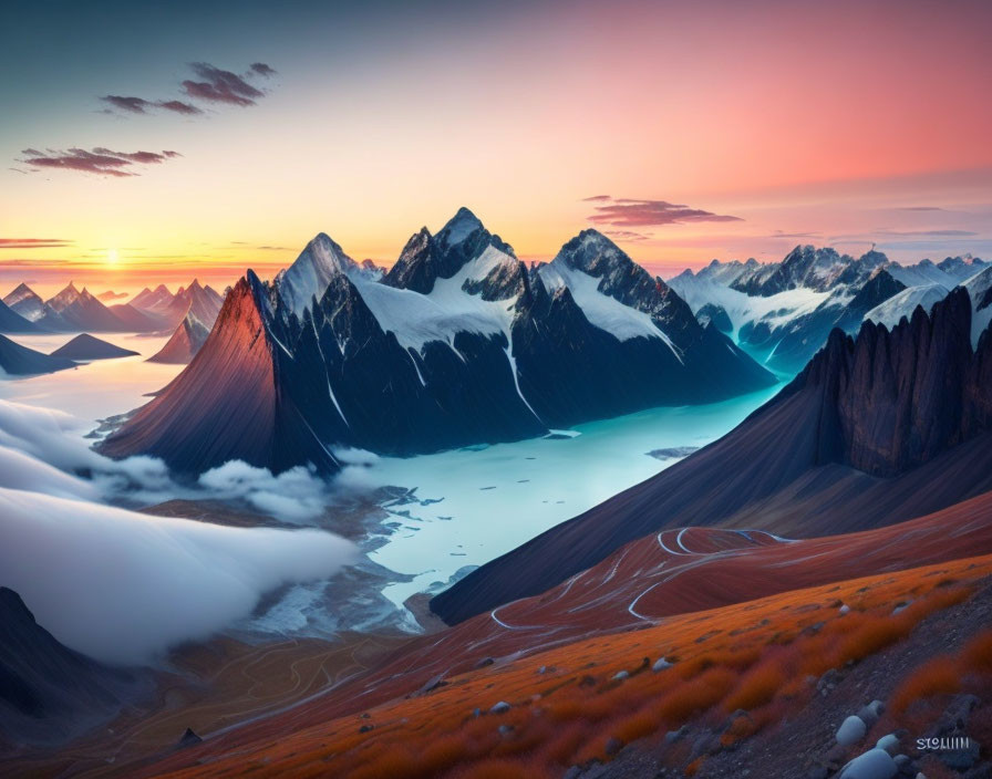 Mountain landscape at sunrise: fiery skies, glacial lake, low-hanging clouds