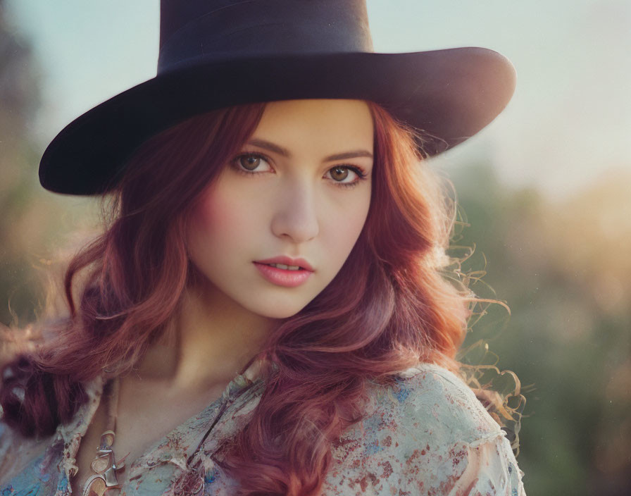 Red-haired woman in hat and patterned blouse gazes at camera in soft-focus portrait.