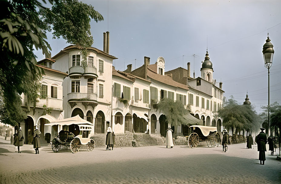 Colorized Vintage Street Scene with Horse-Drawn Carriages and Gas Lamps