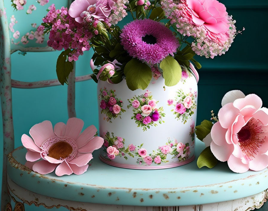 Floral-printed vase with vibrant bouquet on turquoise chair