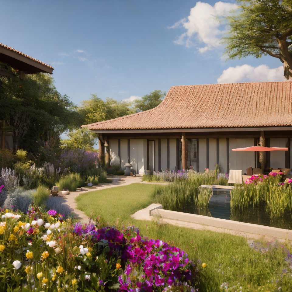 Tranquil garden with pond, vibrant flowers, traditional building under clear sky