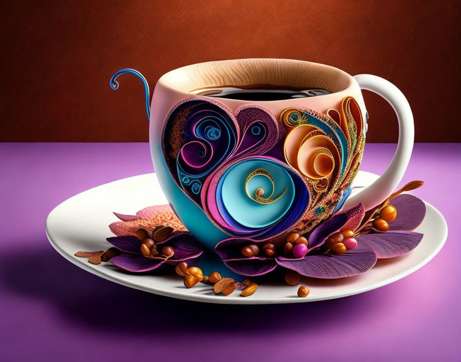 Colorful Cup and Saucer with Quilling Paper Designs and Coffee Beans on Purple Surface