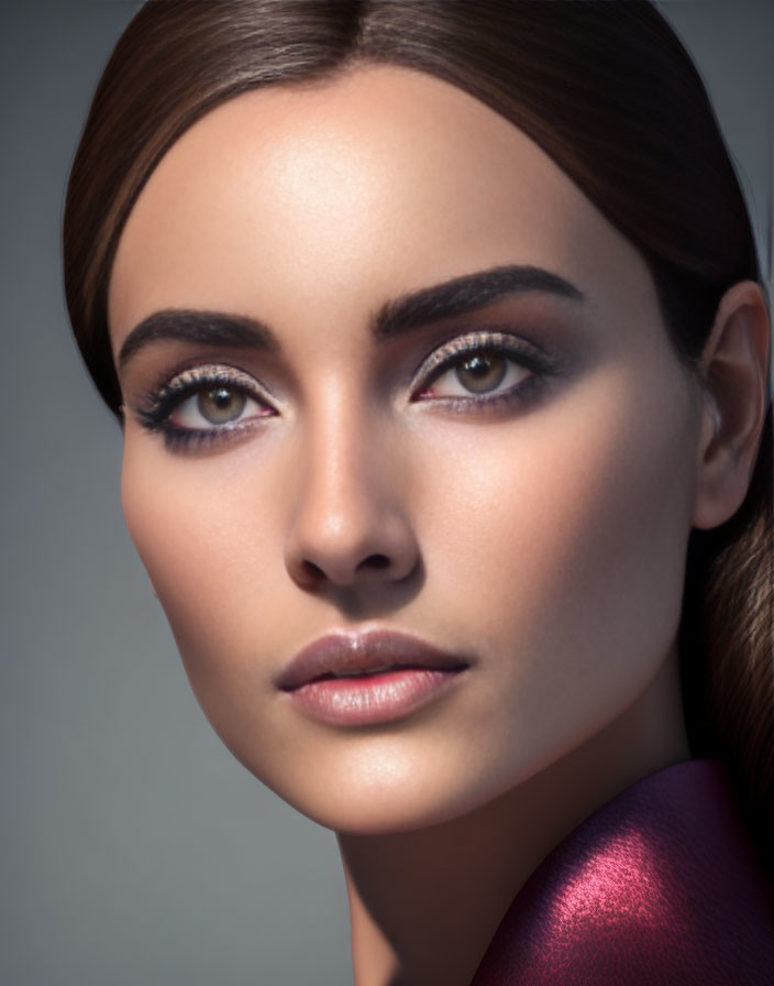 Portrait of woman with subtle smile, defined eyebrows, and brown eyes in metallic pink attire