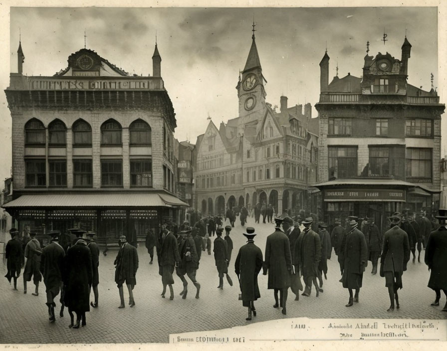 Vintage town square photo with people in early 20th-century attire and clock tower.