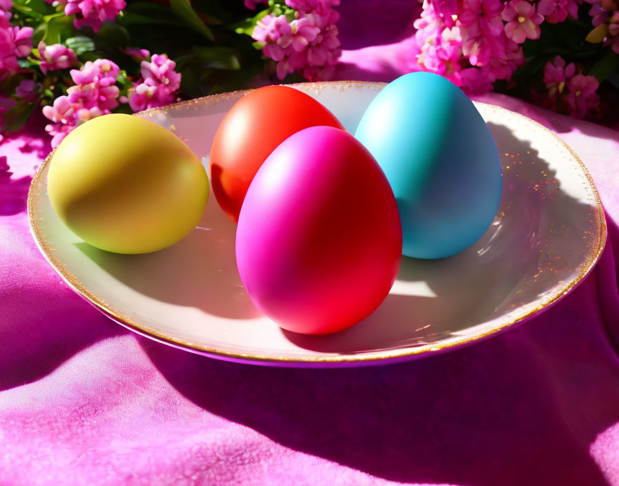 Colorful Easter Eggs on Plate with Pink Flowers and Fuchsia Cloth