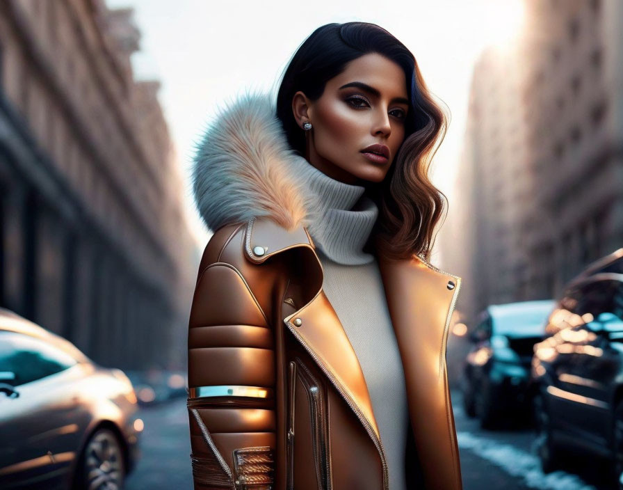 Fashionable woman in brown leather jacket with fur collar on city street at dusk