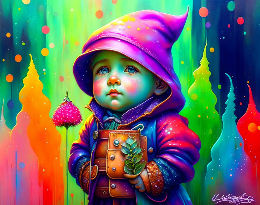 Colorful child illustration with lantern in raindrops