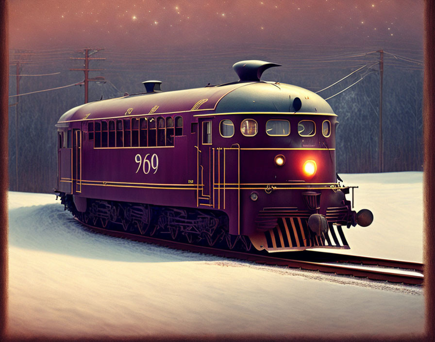 Vintage Train Number 960 in Burgundy and Gold Colors Travels Through Snowy Dusk Landscape