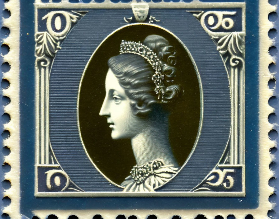 Vintage postage stamp with woman in tiara & necklace, blue and gold ornate framing