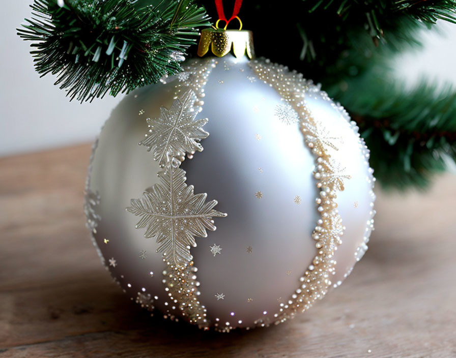 Golden leaf patterned white Christmas bauble under pine branch.