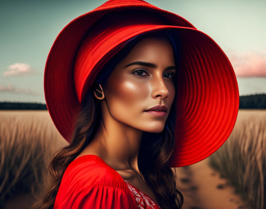 Striking woman in red hat and dress against serene field and blue sky