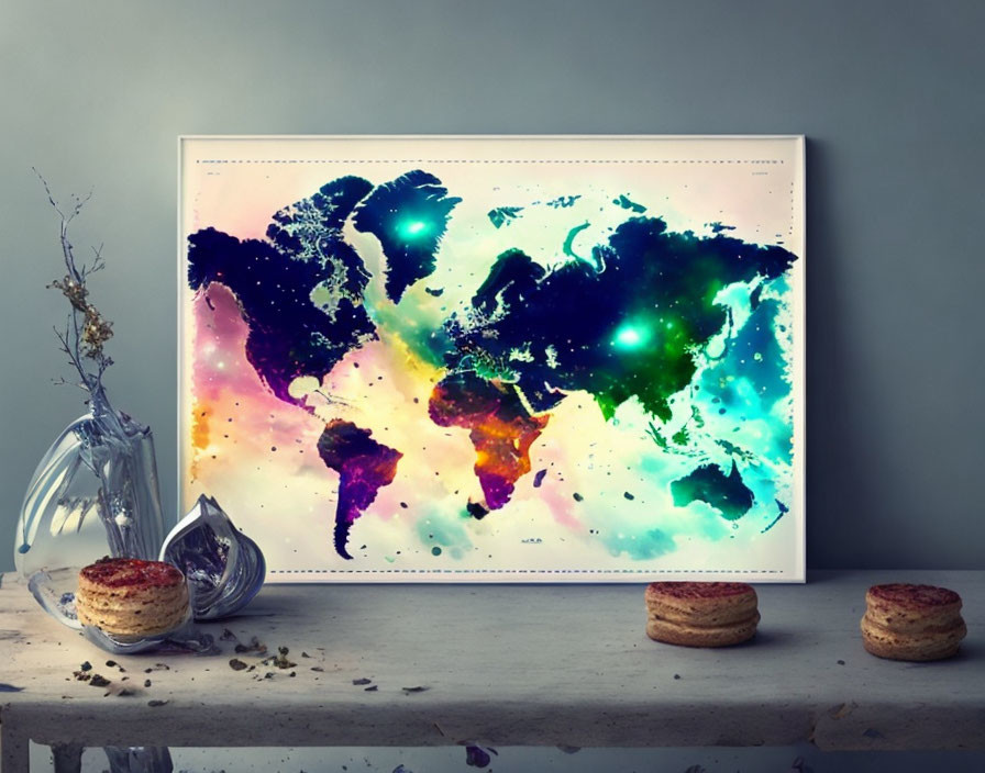 Colorful Cosmic Galaxy World Map Wall Art with Cookies, Glass Vase, and Sprig Shelf Decor