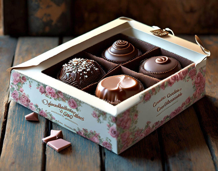 Assorted chocolates in open box on rustic wooden background