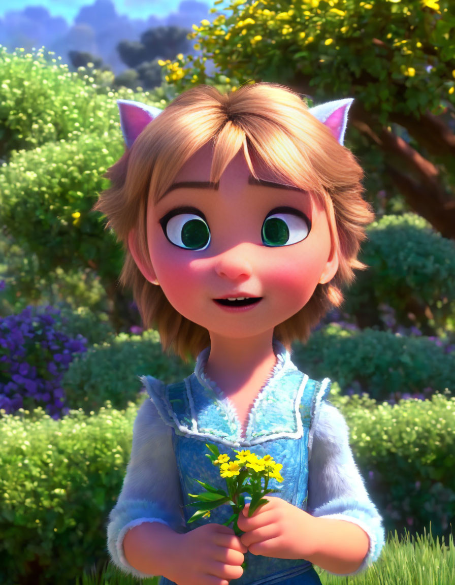 Animated girl with cat ears holding flowers in sunny garden