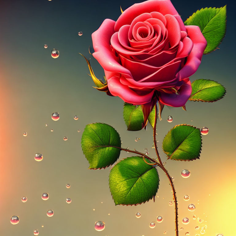 Pink rose with green leaves and thorns on stem, water droplets, soft orange background