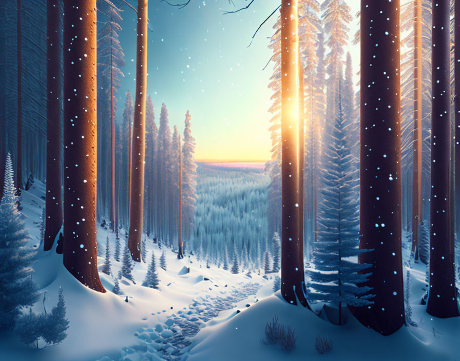 Winter forest scene: tall trees, snowy trail, gentle snowfall, glowing sunset