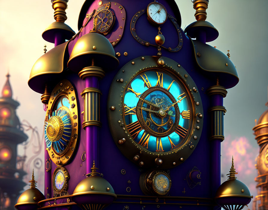 Colorful Ornate Clock Tower with Golden Details in Fantastical Setting