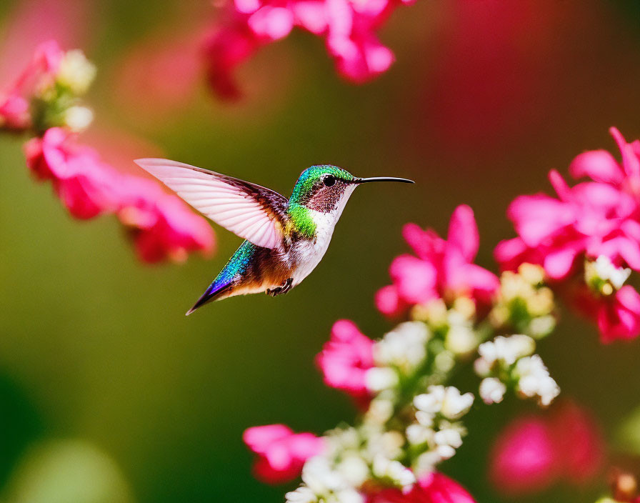 Iridescent green hummingbird near vibrant pink flowers