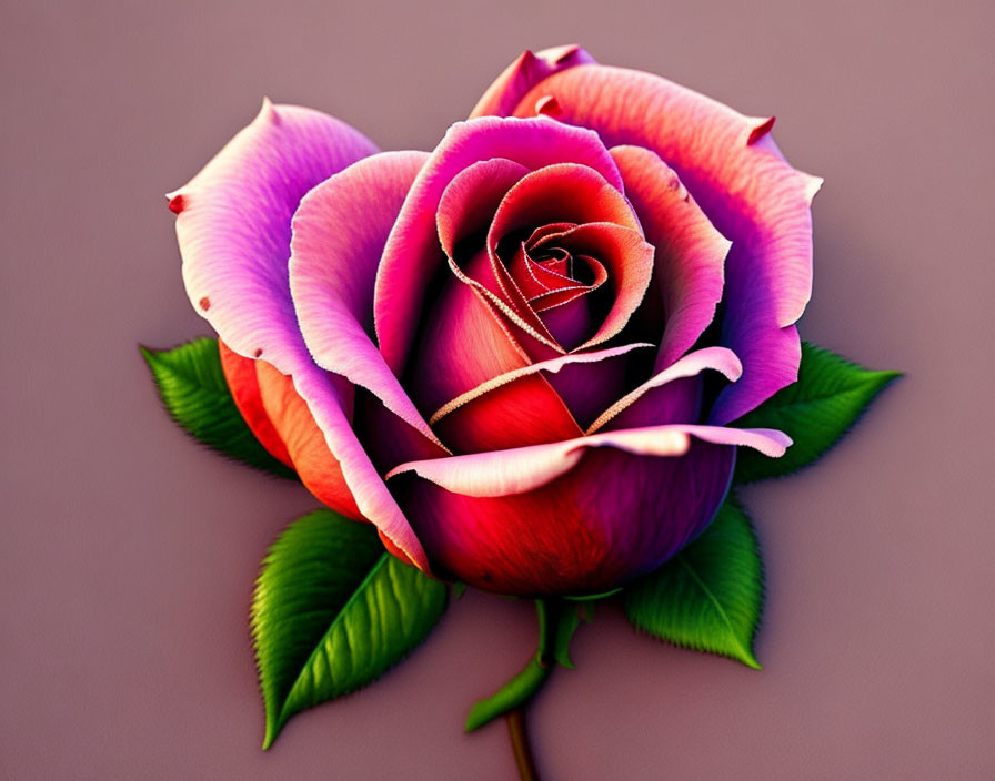 Colorful Rose with Purple and Pink Gradients on Green Leaves and Purple Background