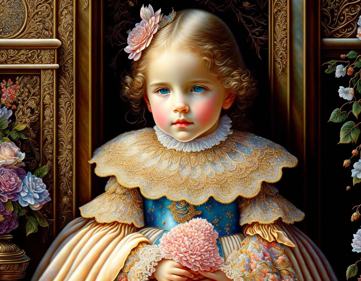 Hyperrealistic digital portrait of a young child with blue eyes in a vintage dress, holding a pink