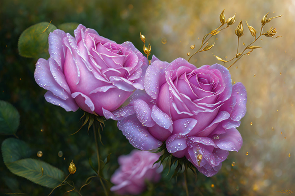 Vibrant pink roses with dew on golden bokeh background