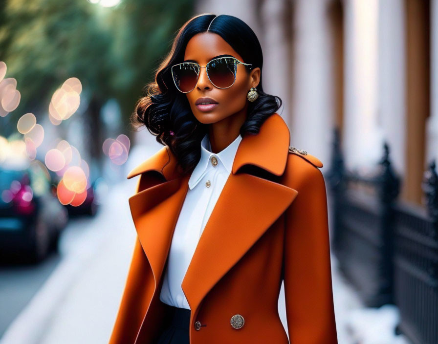 Fashionable person in black sunglasses, white blouse, and orange coat on city street.
