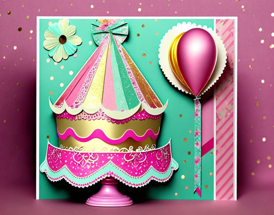 Colorful Birthday Card with Layered Cake and Balloon on Pink Teal Background