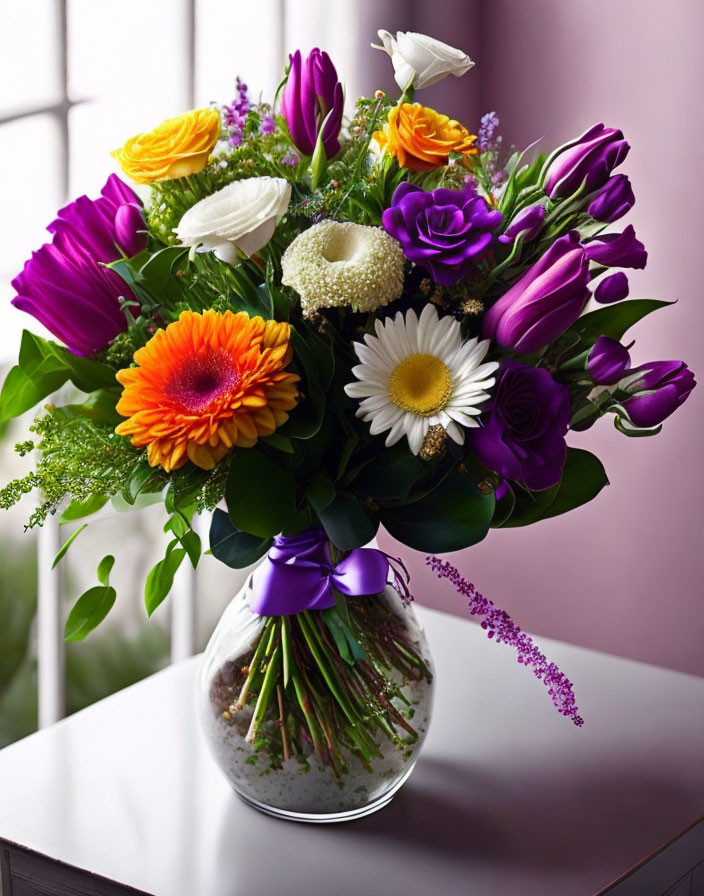 Colorful Flower Bouquet in Glass Vase with Tulips, Daisies, Gerberas