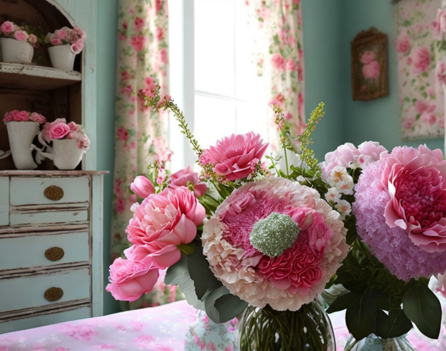 Vintage Room with Pink Flowers, Floral Curtains & Shabby Chic Dresser