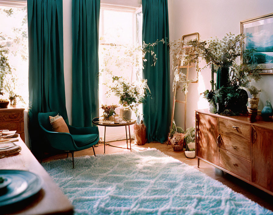 Sunlit Room with Teal Curtains, Wooden Dresser, Plants, Table, Chair & Rug