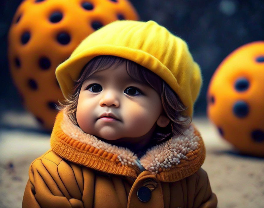 Toddler in Yellow Hat with Whimsical Orange Balls