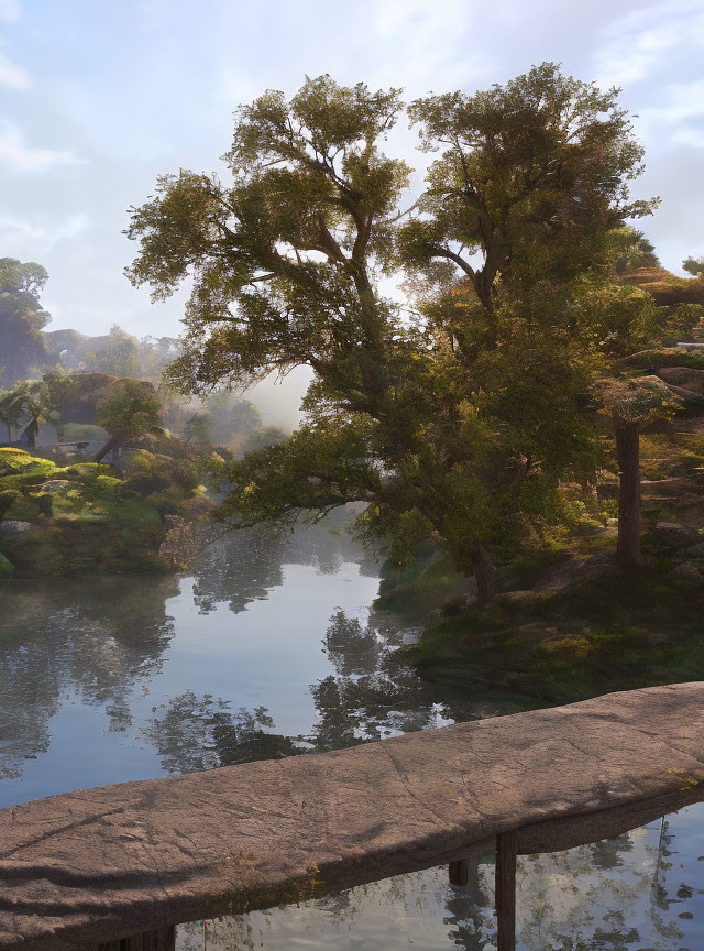 Tranquil river scene with wooden bridge and lush greenery