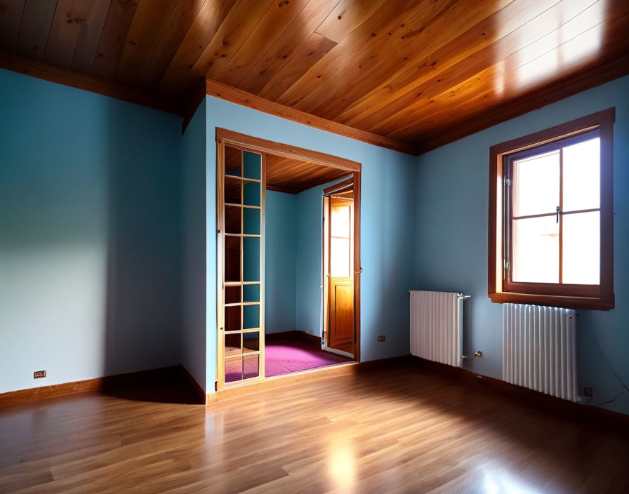 Empty room with blue walls, wooden ceiling, glass door, and window for natural light.