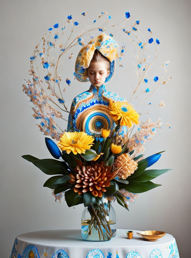 Child in floral headpiece blends with bouquet in clever illusion