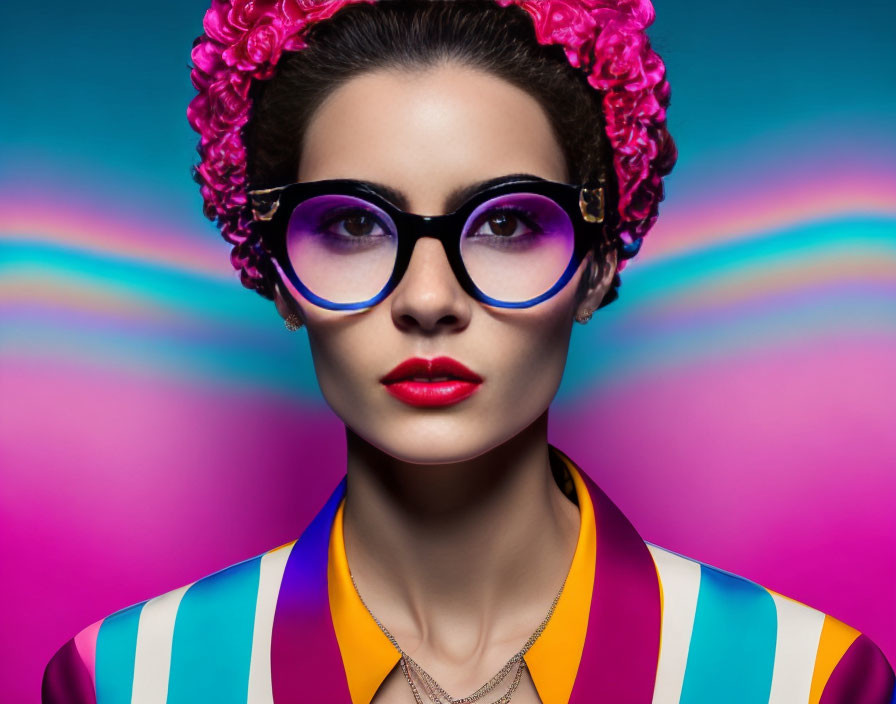 Colorful Striped Outfit Woman with Bold Makeup and Glasses on Vibrant Background