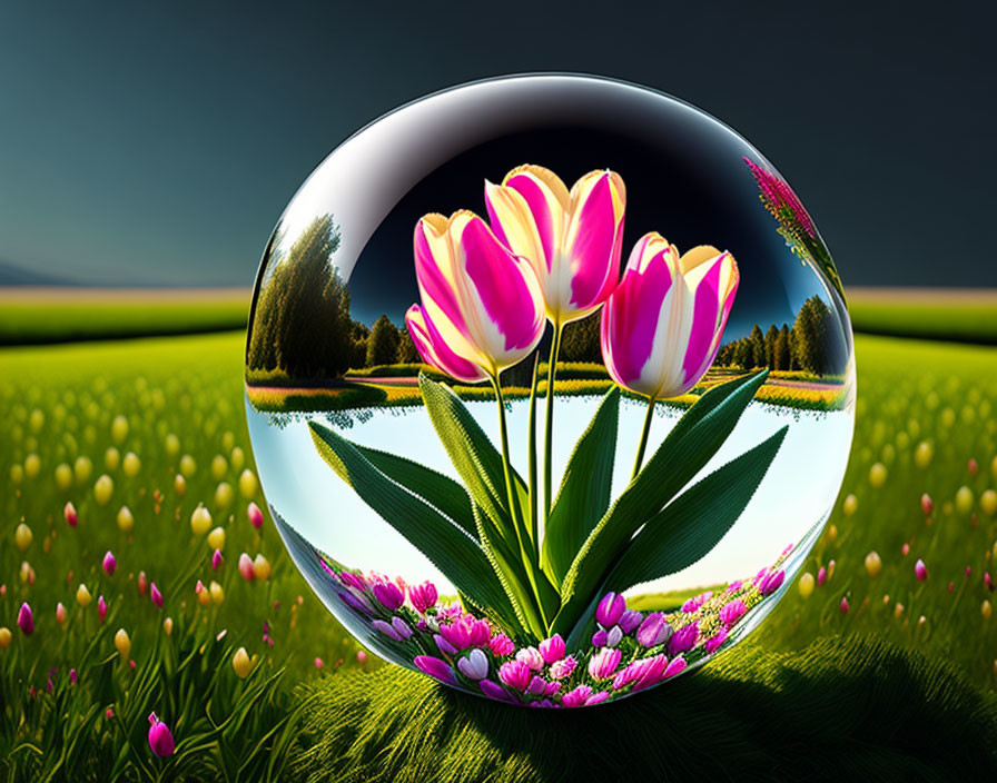 Vivid tulips in crystal ball with blurred tulip field background