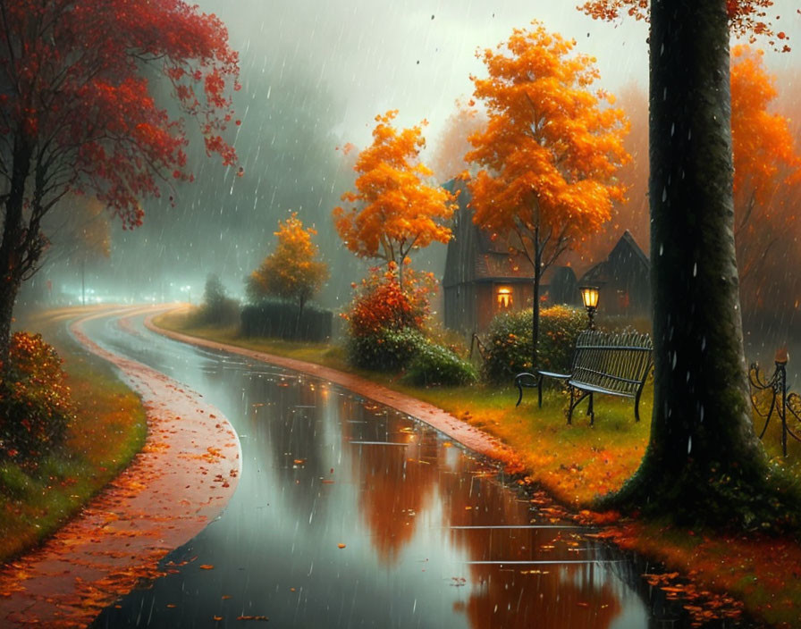 Vibrant orange trees and cozy house in rainy autumn setting