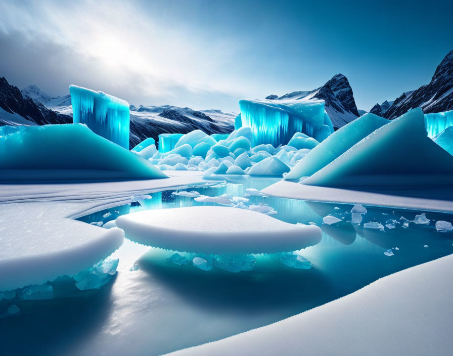 Turquoise Icebergs in Arctic Landscape with Snow-Capped Mountains