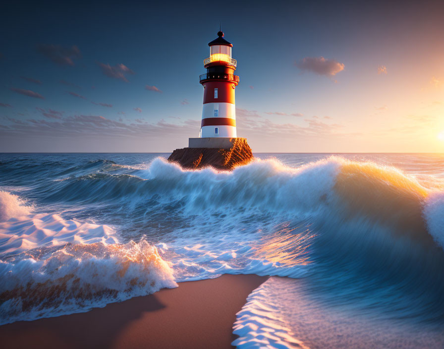 Striped lighthouse at sunset with crashing waves