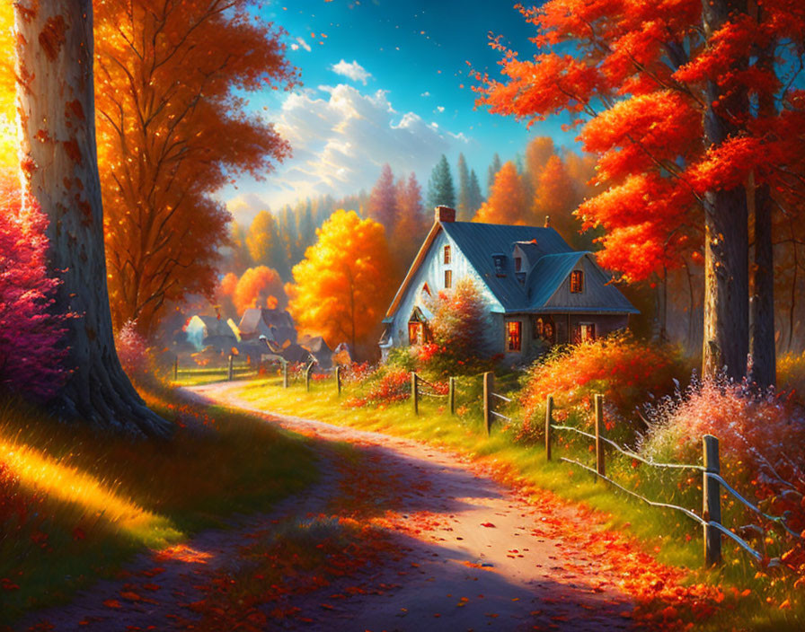 Autumn landscape with cozy blue house surrounded by vibrant trees