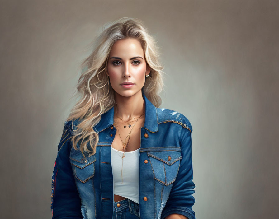 Blonde woman in white top and blue denim jacket on neutral background